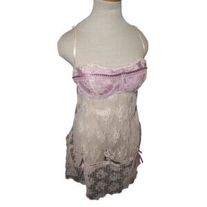 Delicates Lace Babydoll Chemise Lingerie Sheer White Purple Trim Size L